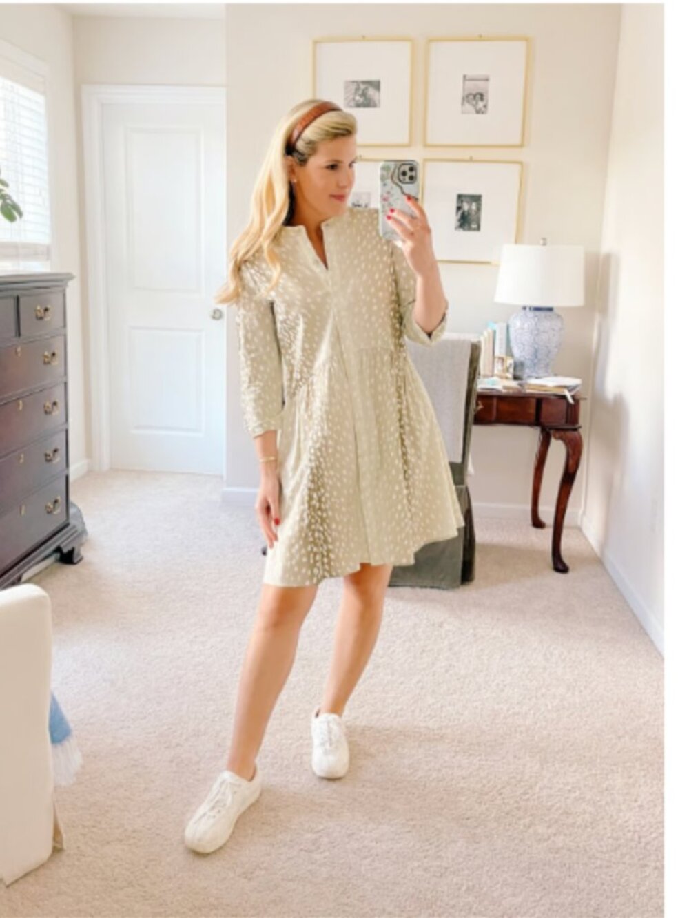 Tuckernuck Antelope Tan Spotted Royal Button Down Shirt Dress